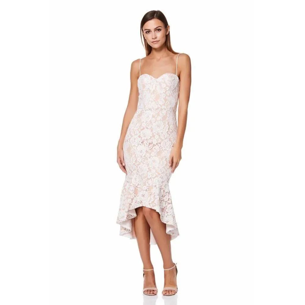 NWT Jarlo London Cleo White Lace Cami Strap Midi Nude Bridal-Ready Dress